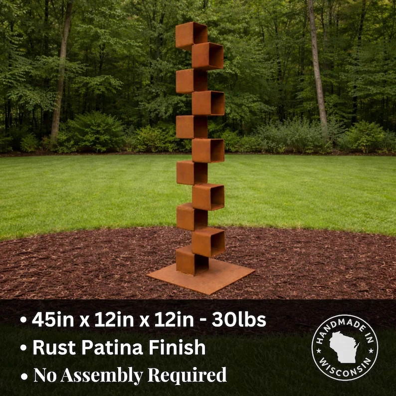 Tall Geometric Garden Sculpture – 45” Rusted Steel Cube Column, Modern Yard Art