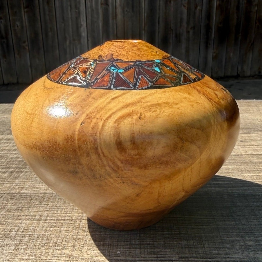 Signed Spalted Maple Hand Turned Wood Bowl Vessel Turquoise Copper Inlay Artisan