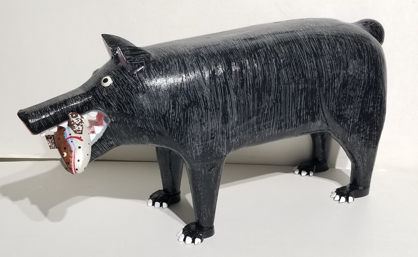 Lonnie & Twyla Money « Bear With Rainbow Trout » Folk Art Wood Carving Sculpture