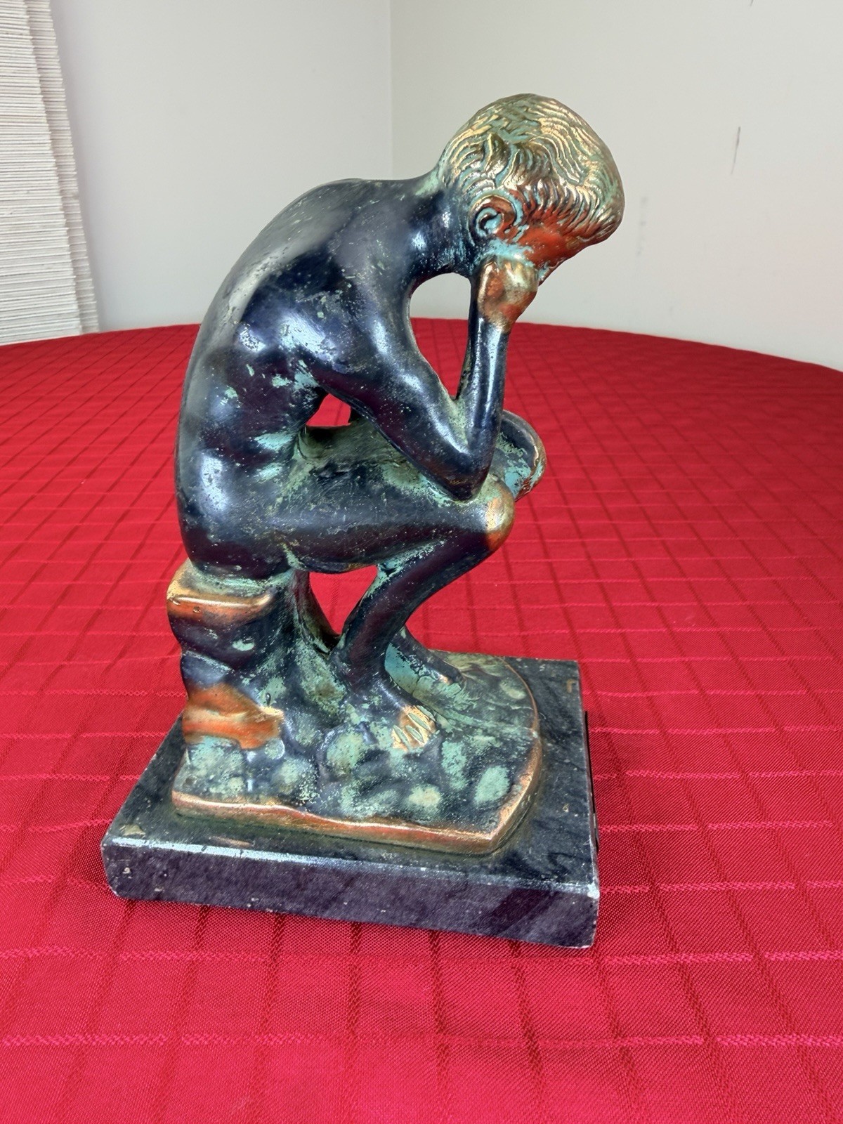 Vtg Greek Bronze « The Thinker » Statue Marble Base – 7&Prime; Rodin Repro 1960s MCM Art