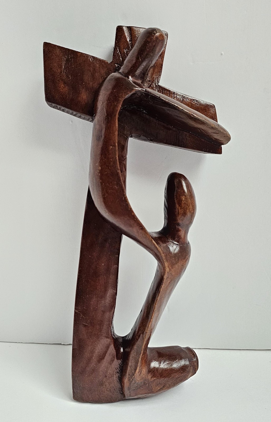 Hand Carved Abstract Wood Sculpture Cross Kneeling Figure Religious Art Decor