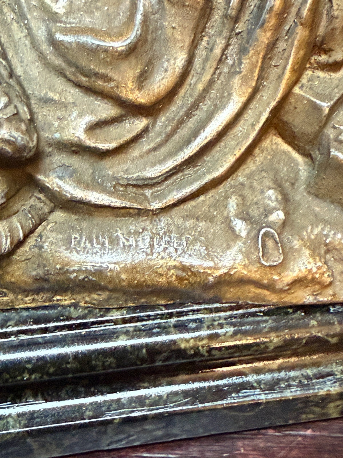 P.Müller Signed Figurative Group – Shepherd Aiding Elder Bronze on Marble c.1900