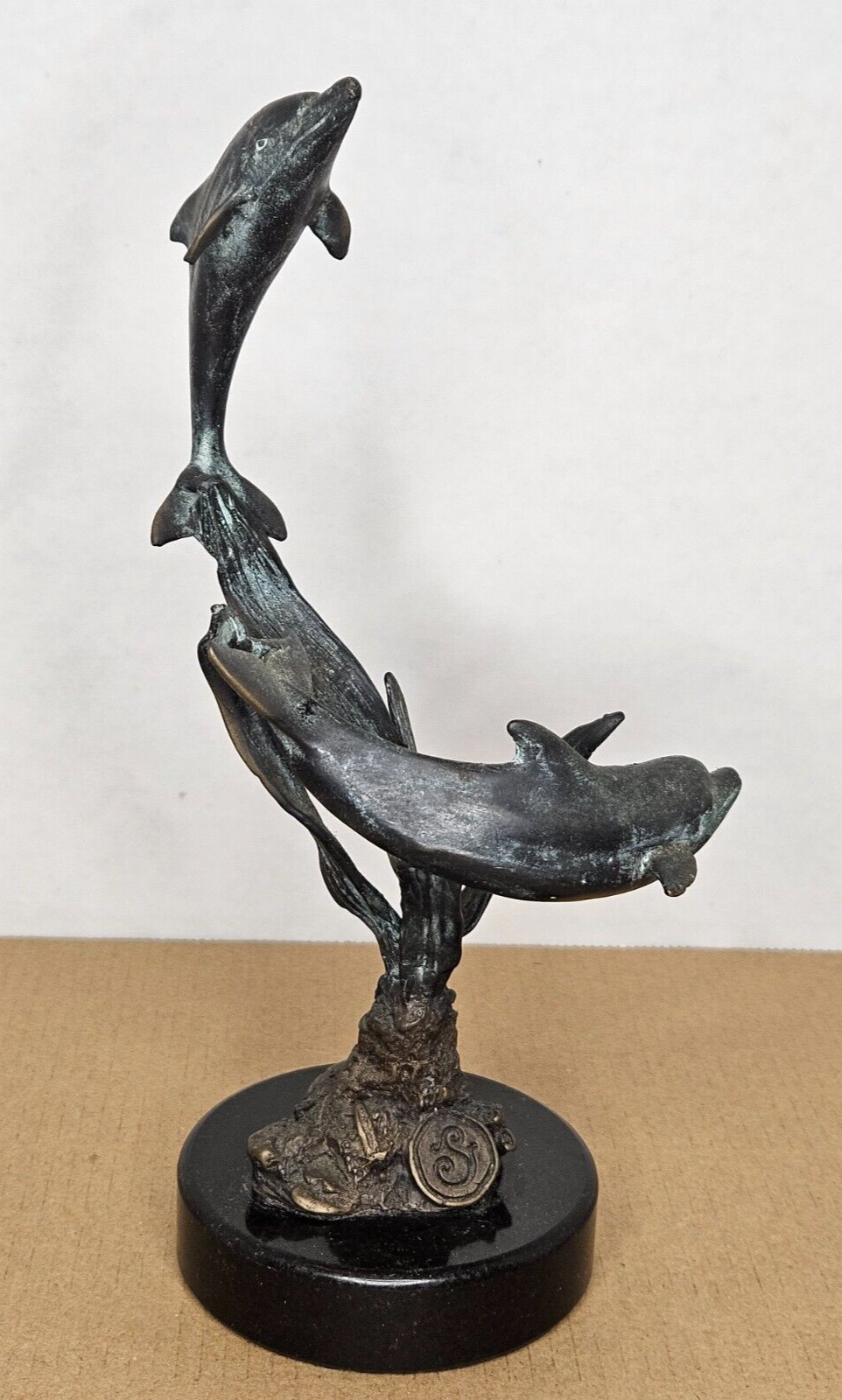 SPI Gallery Hand-Sculpted Cast in Brass Dolphins Swimming In Reeds 8 5/8&Prime; Tall
