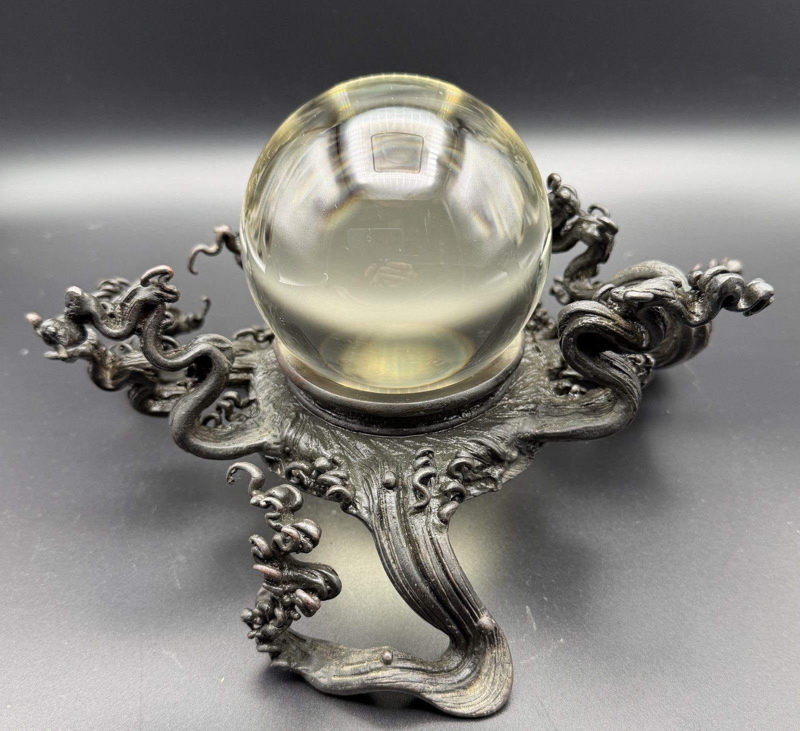Rare Large Bronze Ocean Wave Sculpture Crystal Ball Okimono Style Unique