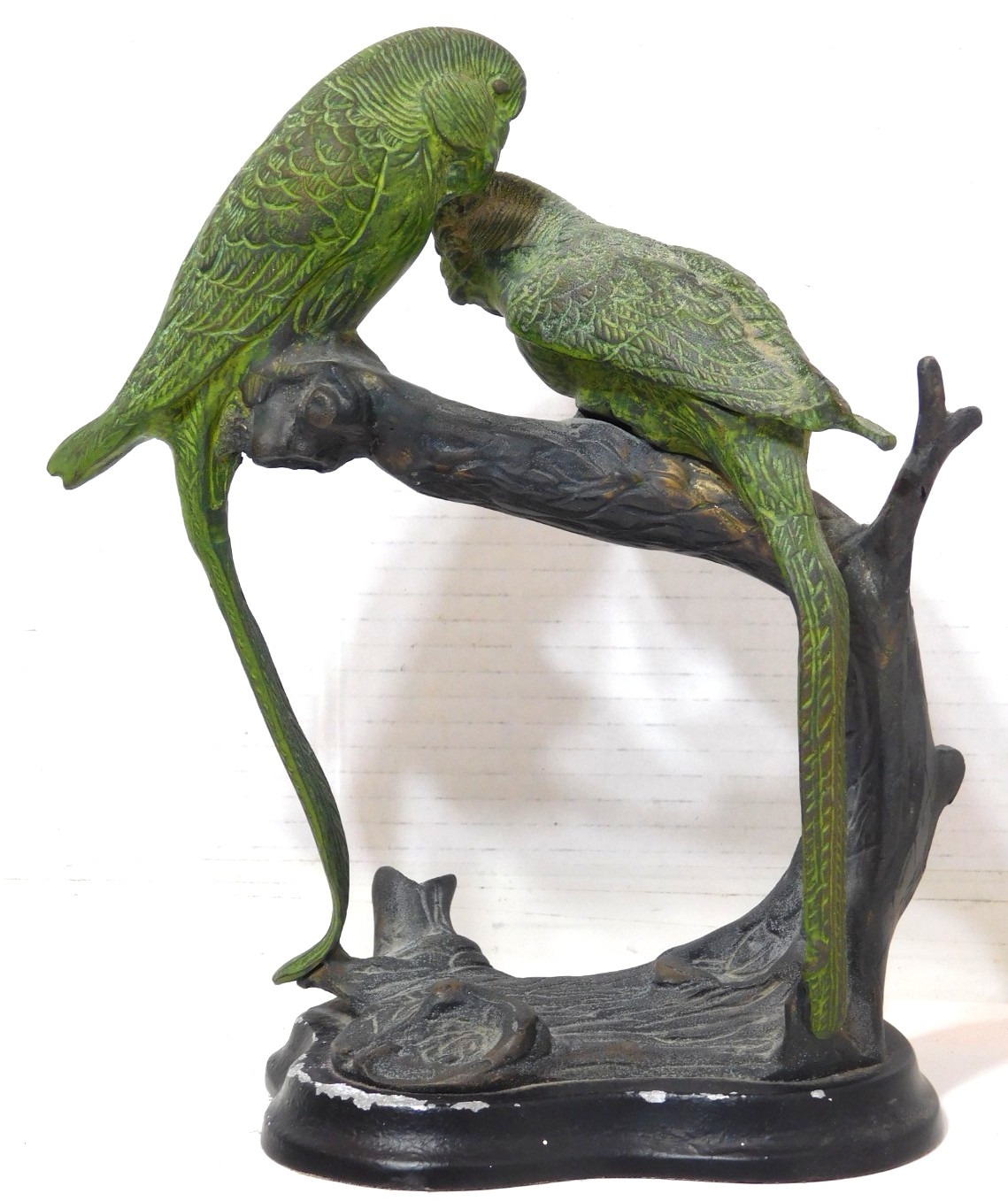 Rare Vintage Castilian Brass Green Parrots Sculpture on Metal Base