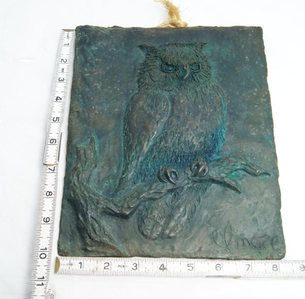 Owl Cast Bronze Relief Sculpture Artist Signed Elmore Size 10&Prime;X8&Prime; Bas Plaque Art