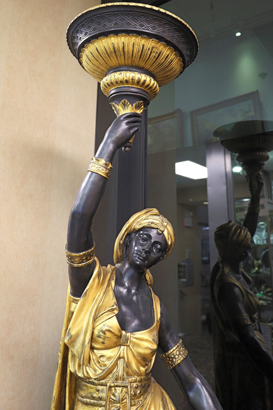 Pair of Bronze Nubian Female Statues, Torchere Standing Lamps, Free USA Shipping