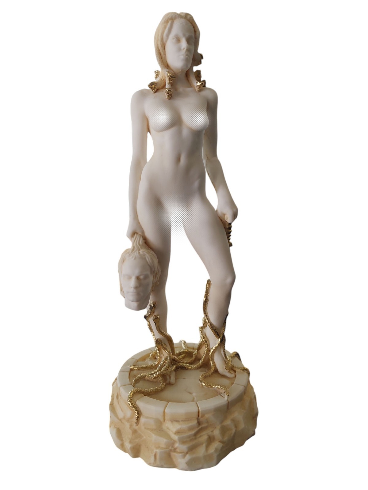 Me Too Medusa with The Head of Perseus Handmade Greek Alabaster Statue Gold Tone