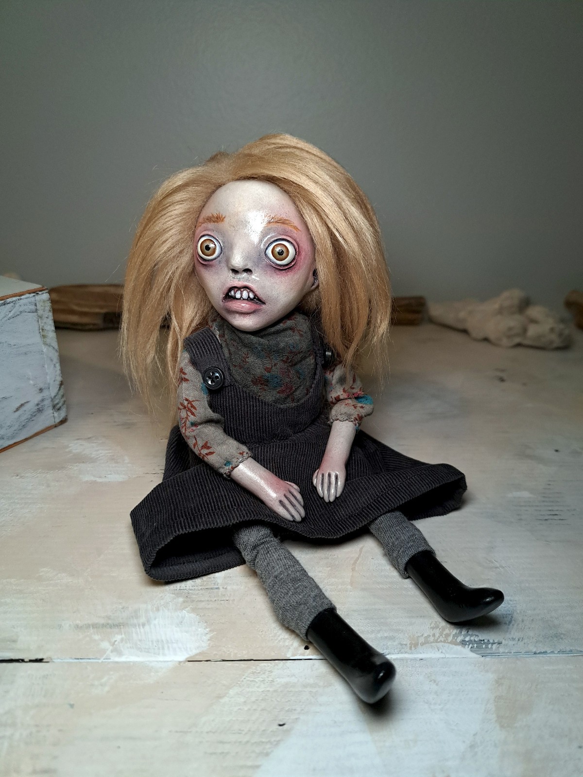 OOAK Creepy Cute Art Doll Girl, Spooky Sculpture Handmade Collectible Figure