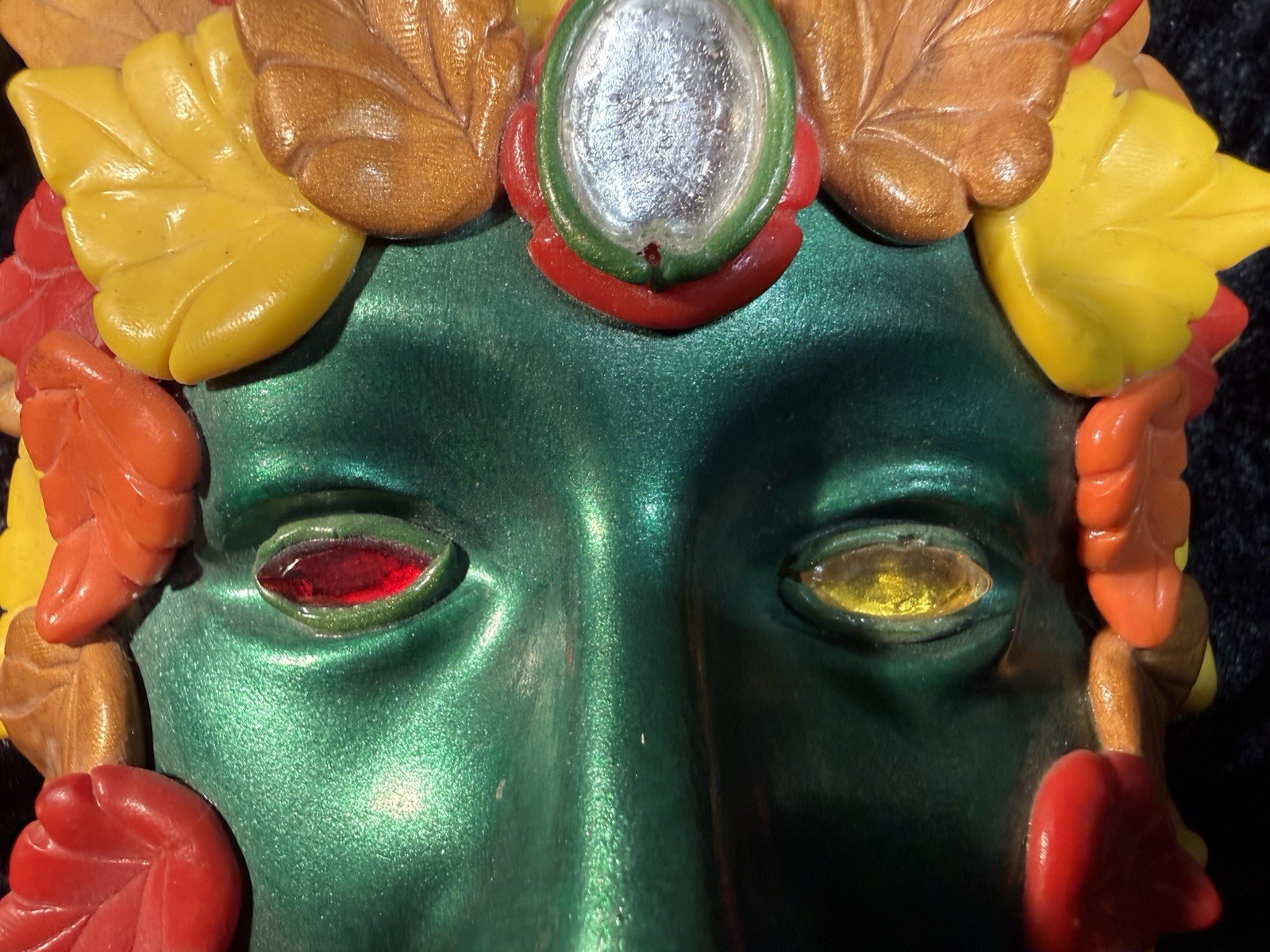 Green Man Face Tree Man Mythical Wall Sculpture Mask Jeweled Eyes and Forehead