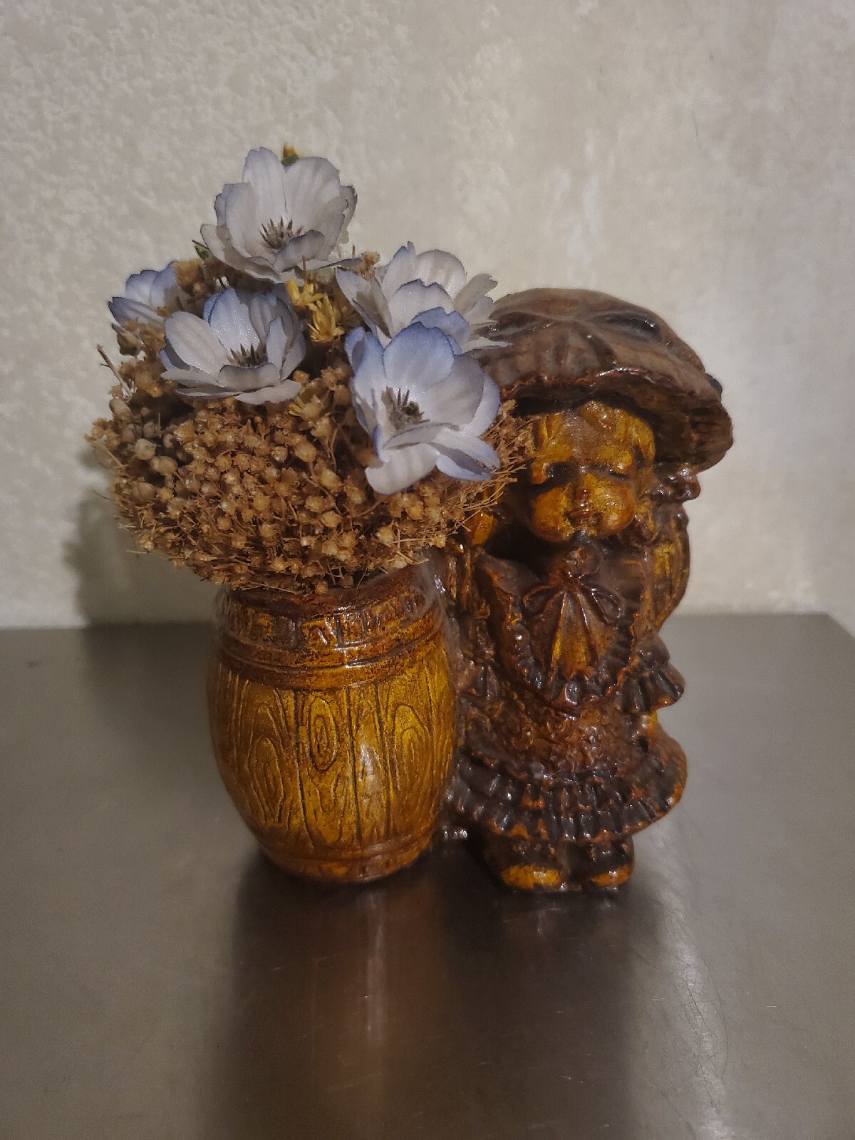 Unique Vintage 6&Prime; Tall Figurine Chalkware Girl Planter Decor w/Dried Flowers