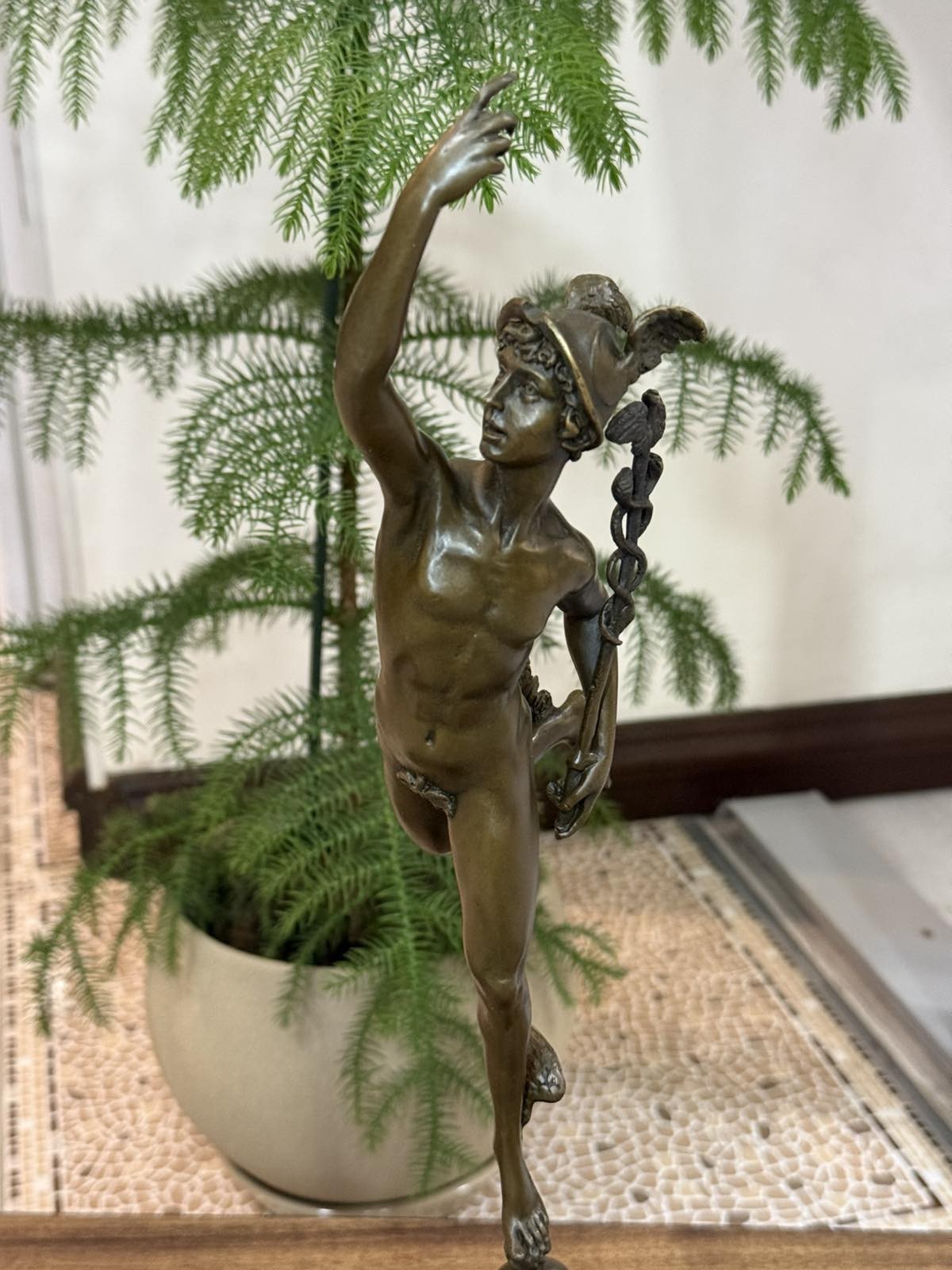 Bronze Mercury Sculpture Hermes Statue Caduceus Cupid Mythology Wings Helmet Art