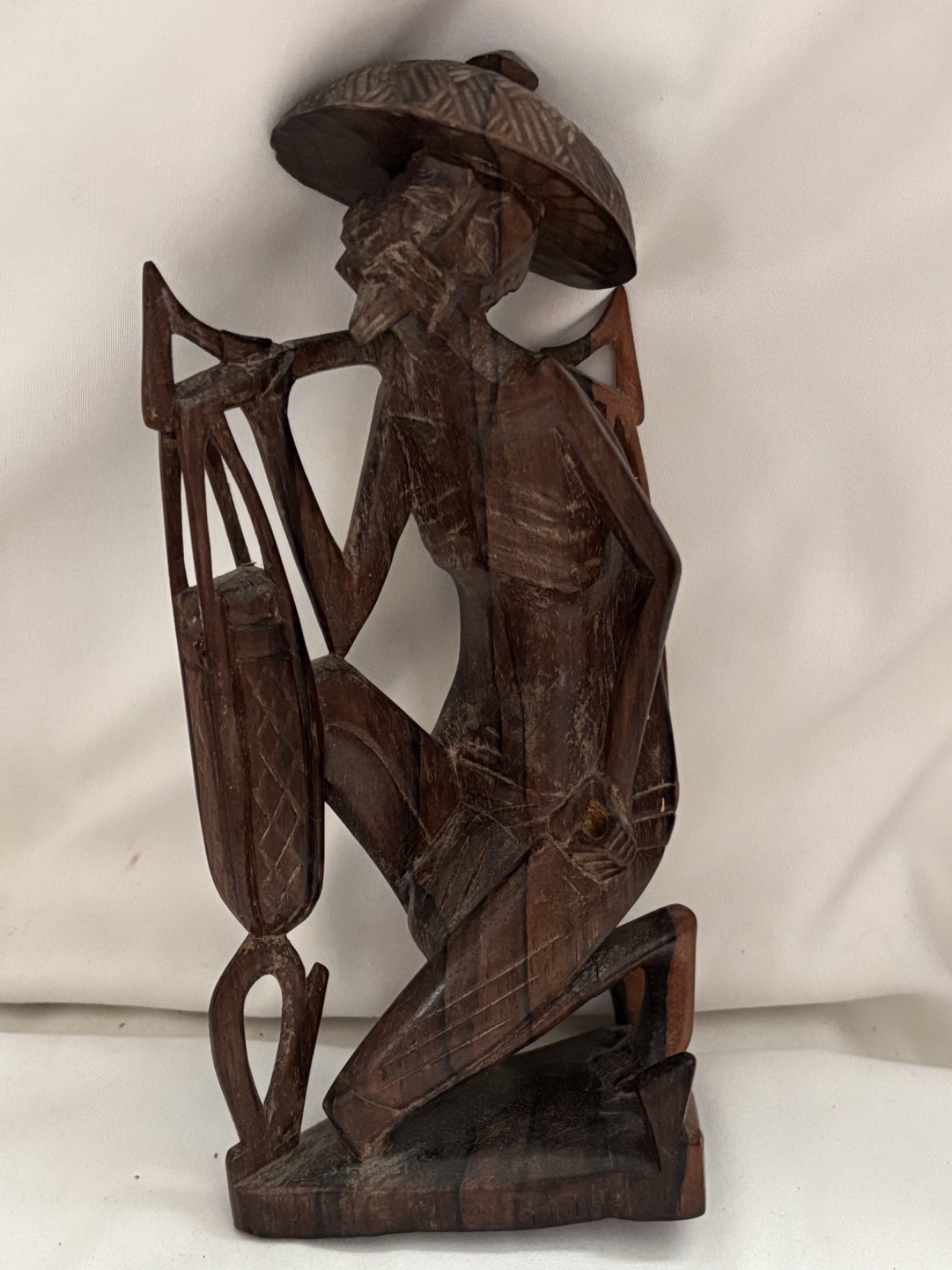 Wooden Statue Figurine Vietnamese Rice Farmer 8 In Tall – Missing Tool