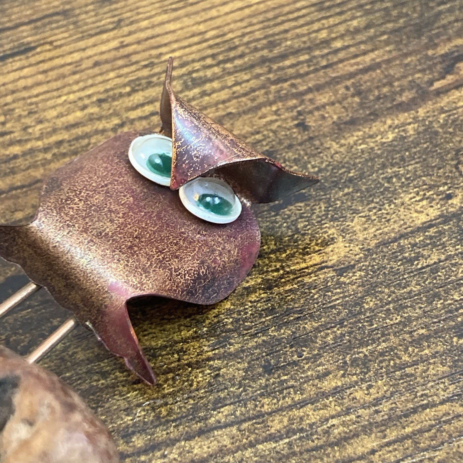 Owl Statue Copper on Wood Base Brutalist MCM Studio Craft 5.5&Prime; Tall OOAK Decor