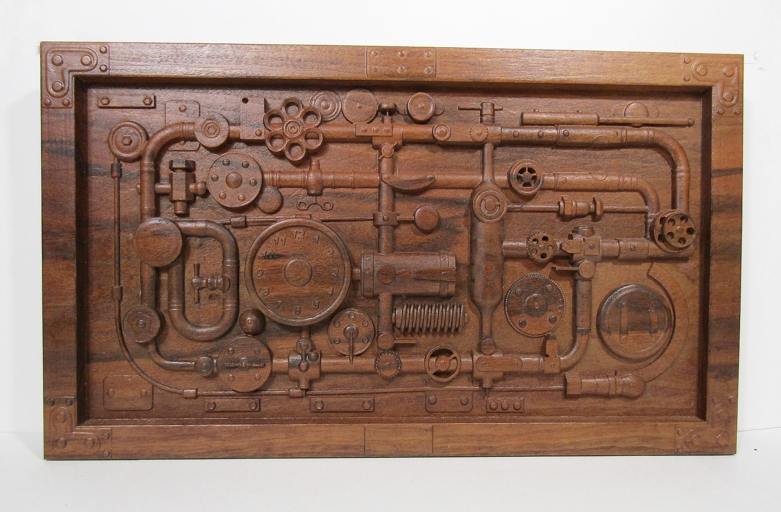 Industrial Steampunk Carved Wood Pipes & Gears Relief Wall Art Panel 20×12