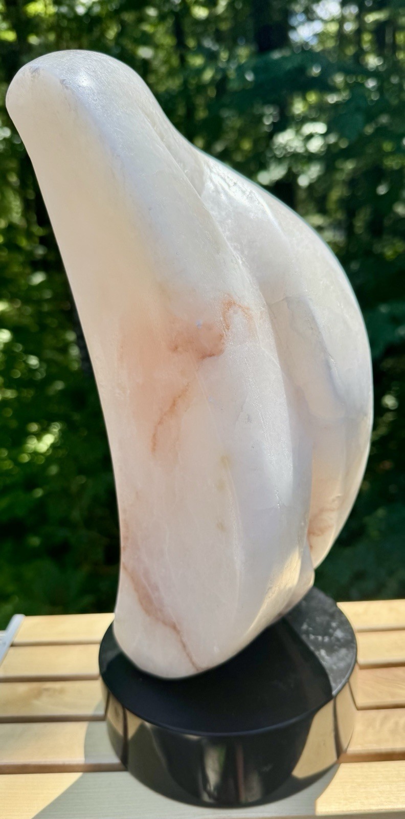 Mid Century Modern Abstract Alabaster Sculpture On Black Marble Base – 14.5”