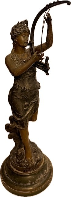 BRONZE PATINA, EUTERPE,SPELTER STATUE, PLAYING HARP, FOR REPAIR, READ, PREOWNED