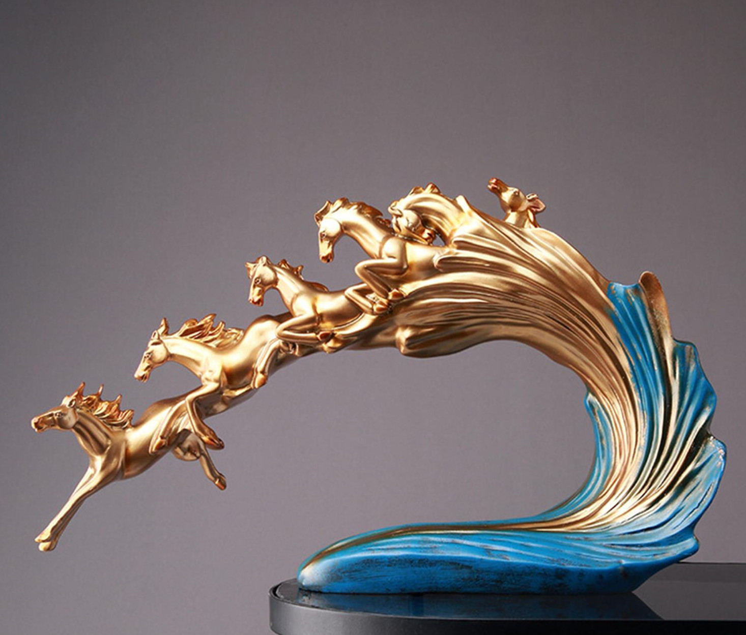 NEW 16&Prime; 6-Horse Mega Wave Stampede Gold Blue Grey Resin Figurine Sculpture 10×16
