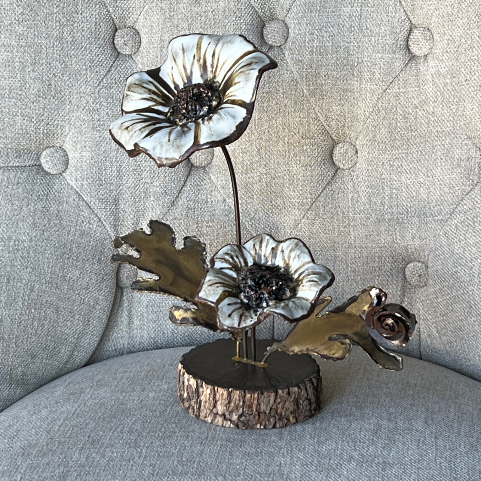 Vintage Flowers Snail Kinetic Sculpture Copper Ceramic Wood Winifred Cole 10&Prime;