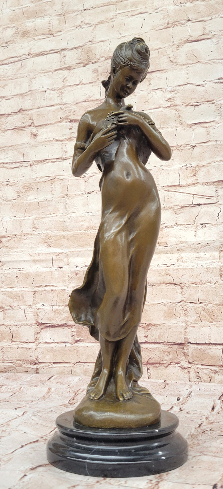 Fine Nude French Bronze Sculpture of Standing Woman w/ Bird Antique Production