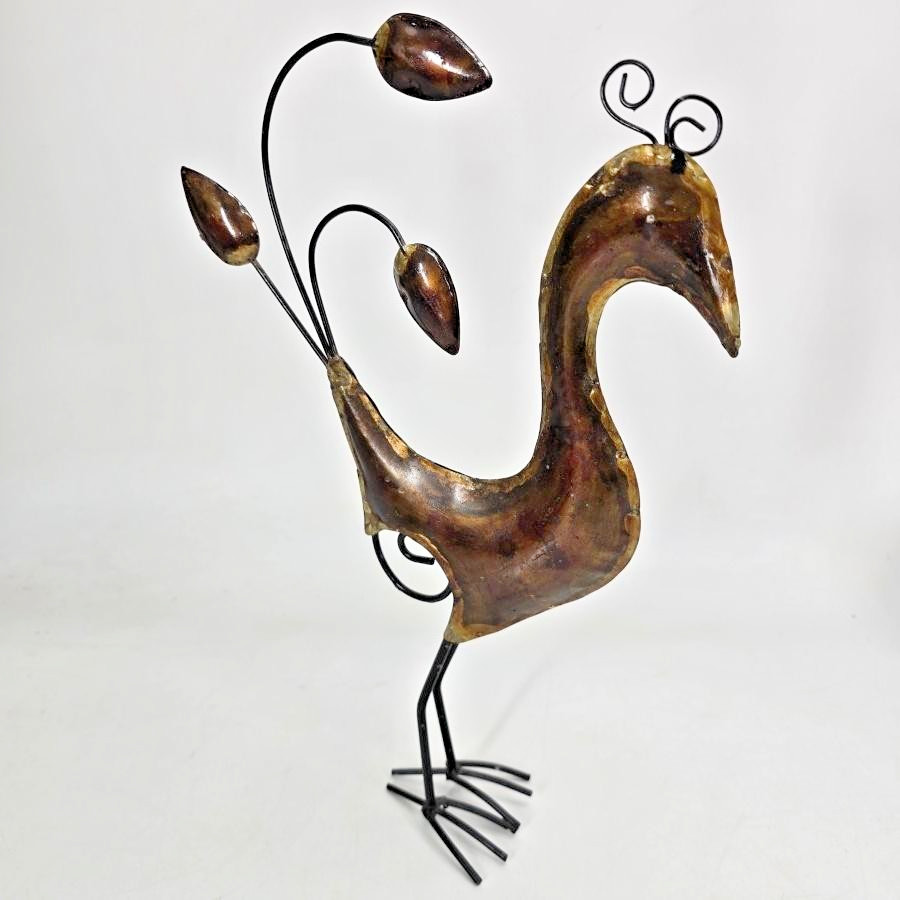 Handmade Abstract Metal Bird Sculpture Statue Brown 14&Prime; In Folk Whimsical Art