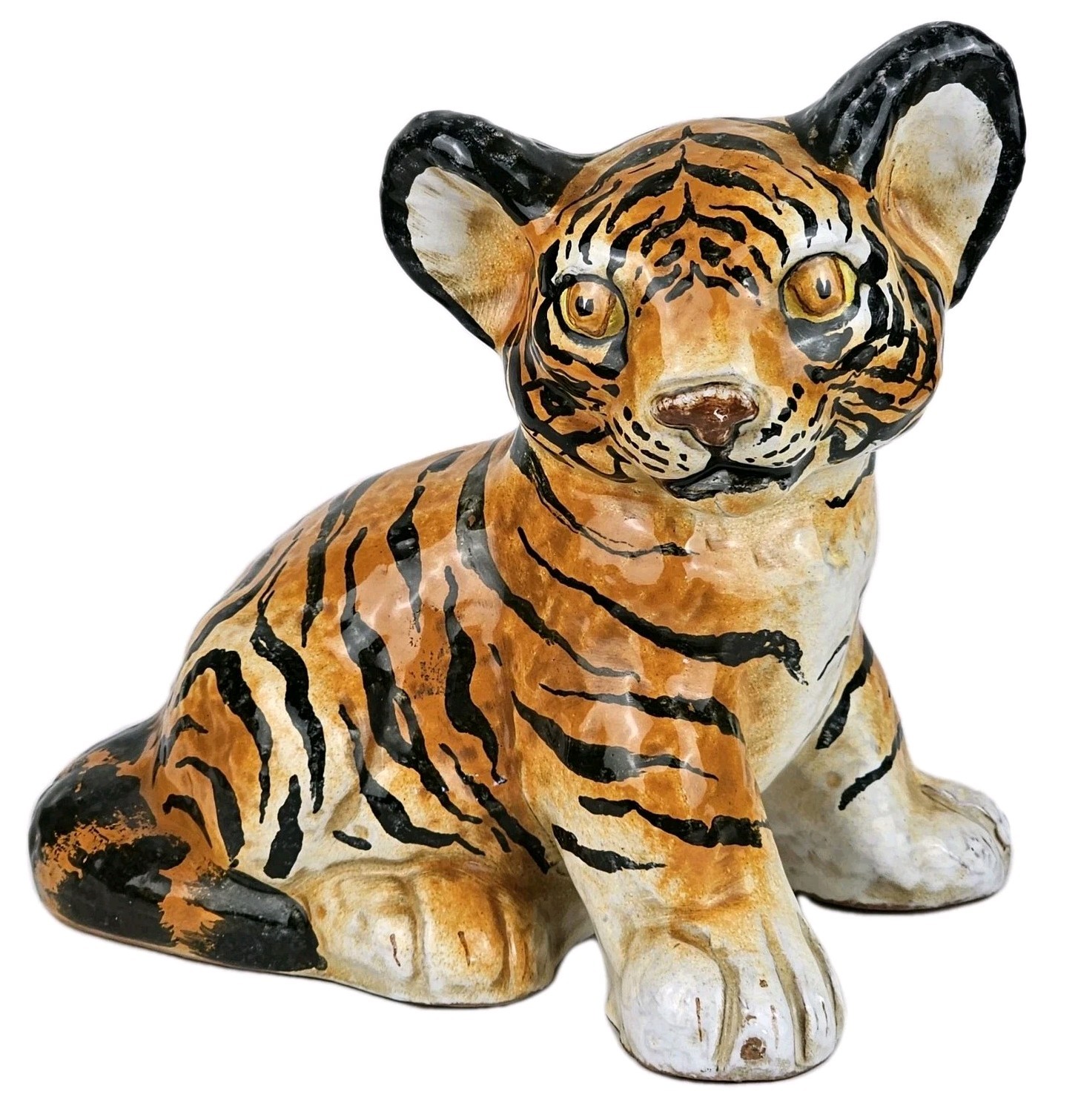 Vintage 1960s Hand Painted MCM Terracotta Tiger Cub Sculpture Figurine Italy
