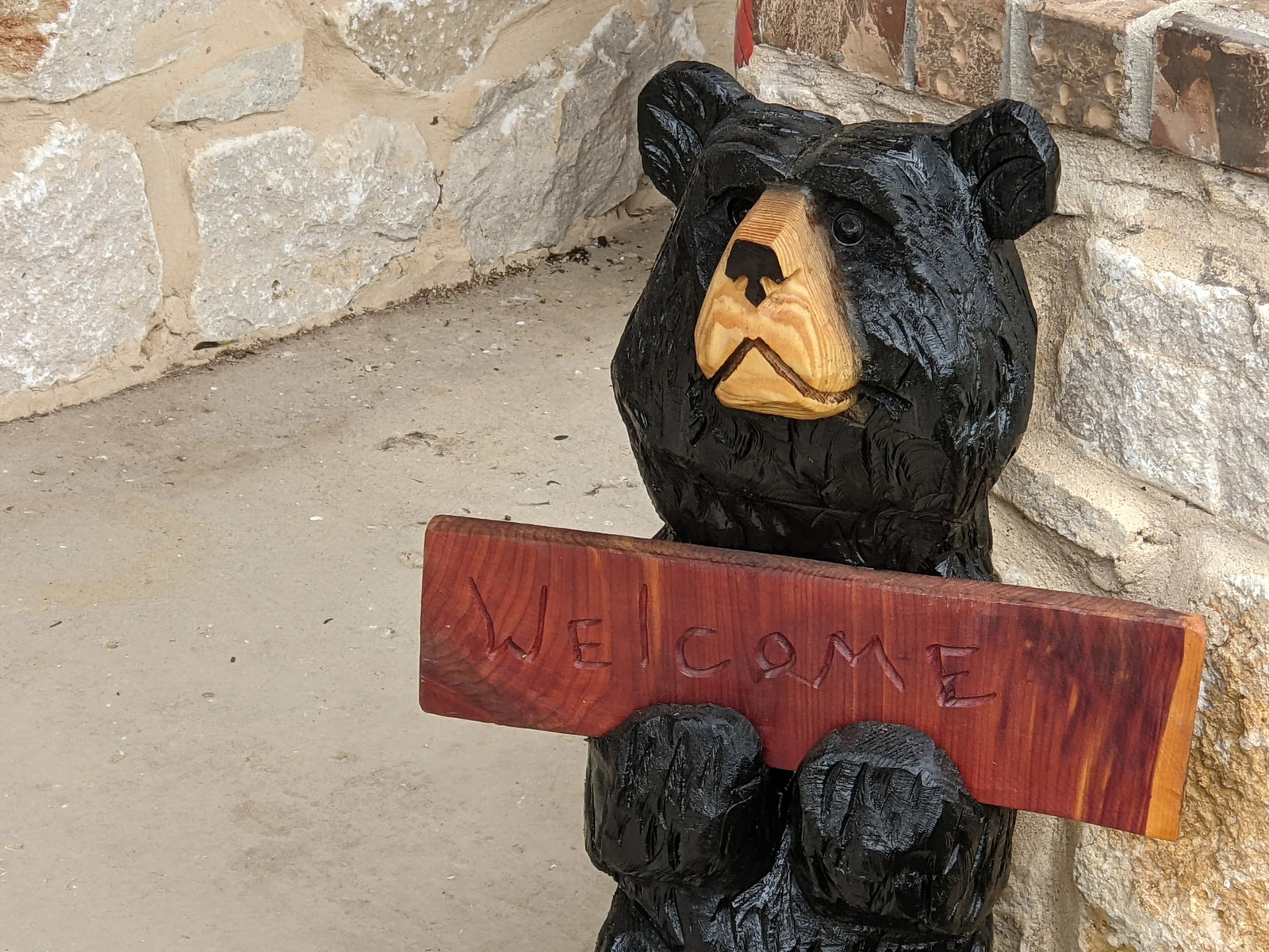 Chainsaw Carved Black Bear & Welcome Sign | Wooden Statue Porch Decor
