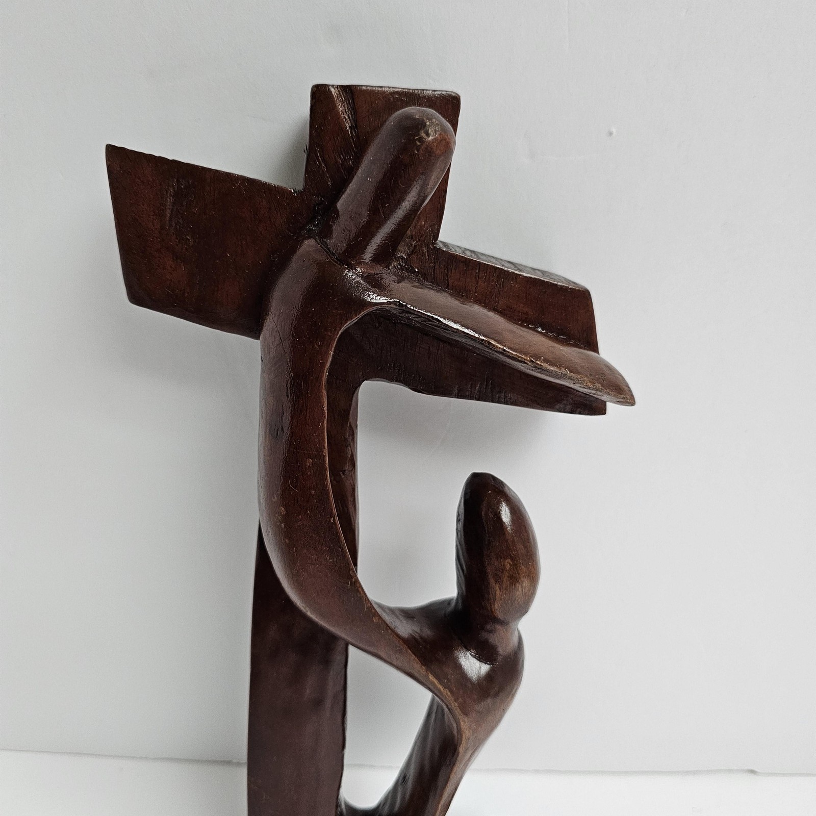 Hand Carved Abstract Wood Sculpture Cross Kneeling Figure Religious Art Decor