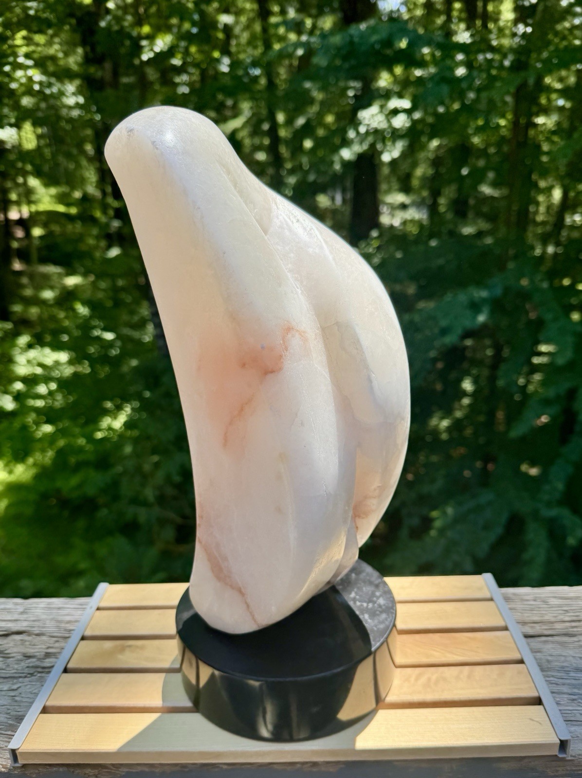 Mid Century Modern Abstract Alabaster Sculpture On Black Marble Base – 14.5”