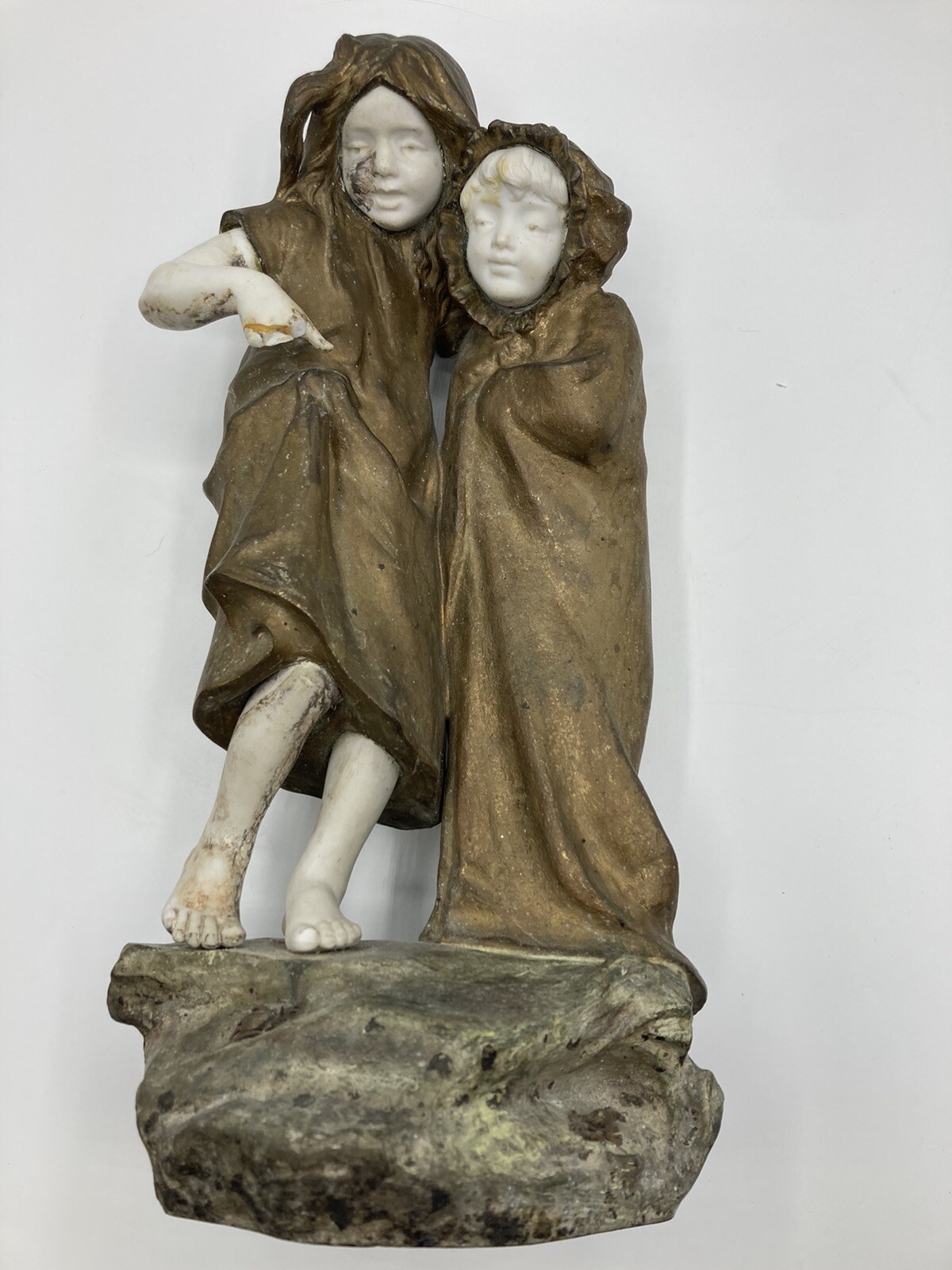 Antique Mednat Signed 19th Century Bronze Porcelain Bisque Sculpture Two Girls