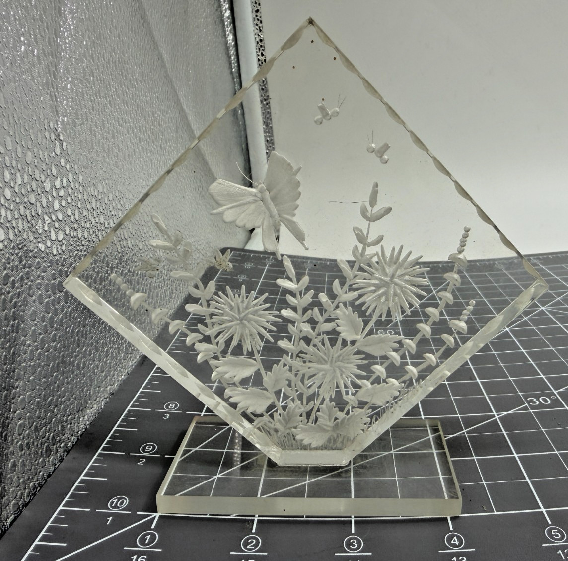 Reverse Carved Lucite Acrylic Butterfly & Flowers Sculpture Signed C. Folkertsma