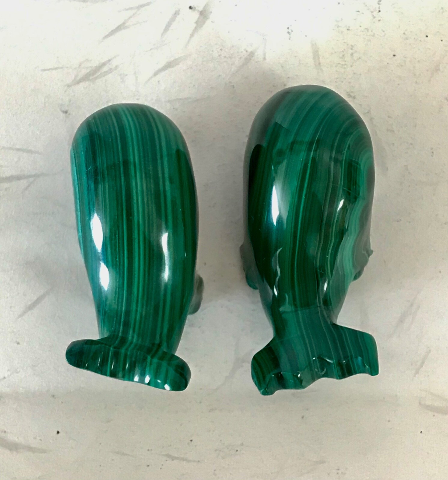 Pair of Small Malachite Whale Figuring Statue Sculptures 2.25&Prime; Long