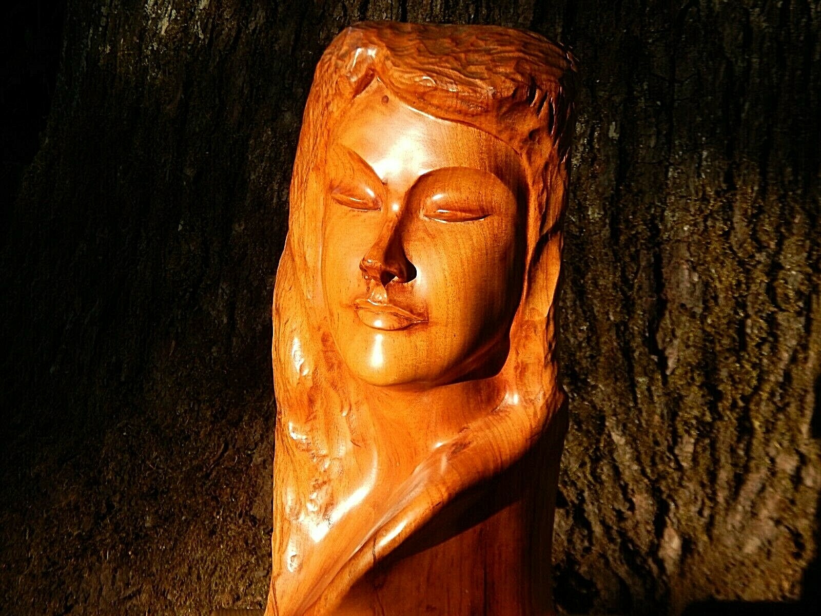 Paul Fugimoto, Hawaiian Artist, Pacific Rosewood Carved Sculpture of Young Woman