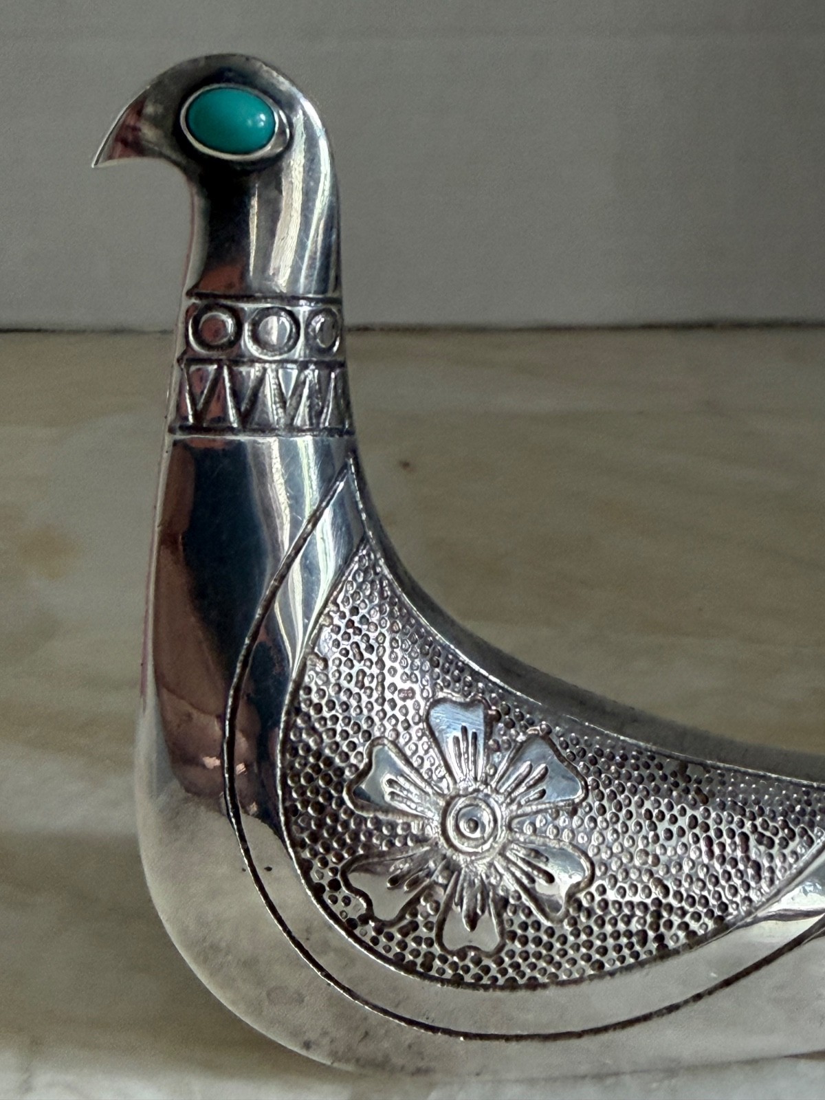 Rare Taller Tinta Ecuador Silver-Plated Bird Figurine w/ Turquoise Eye MCM 1960s