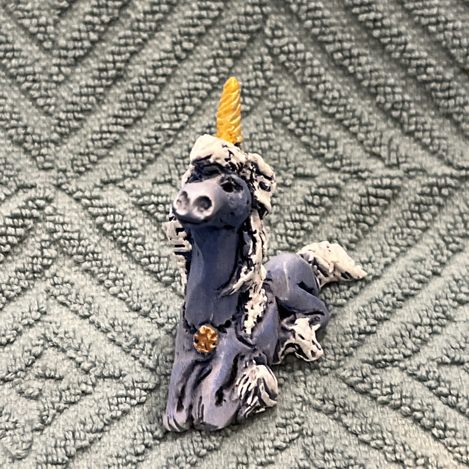 Unicorn Clay Sculpture By Buhner Studios Signed On Bottom 2.25” Blue And White