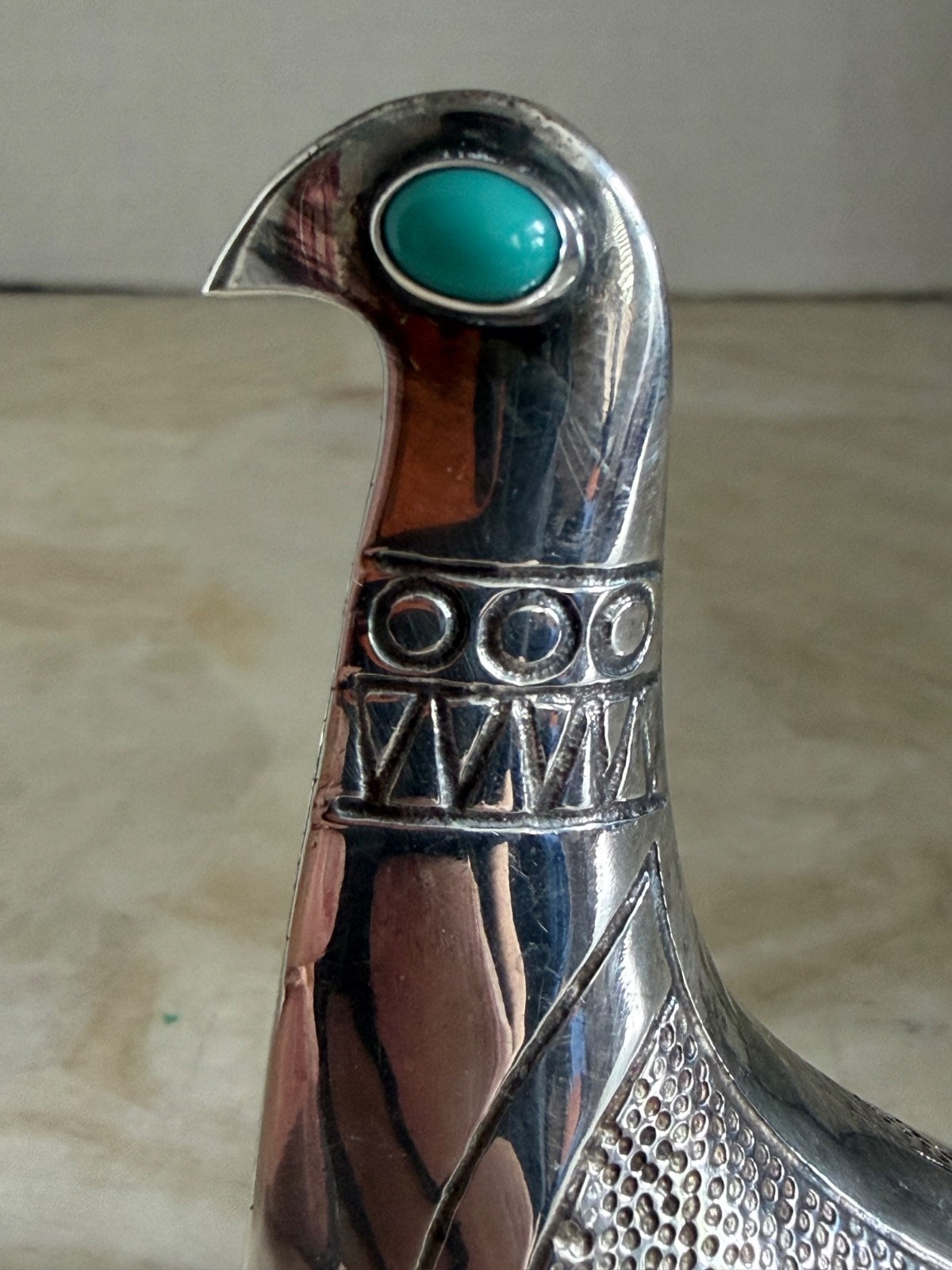 Rare Taller Tinta Ecuador Silver-Plated Bird Figurine w/ Turquoise Eye MCM 1960s
