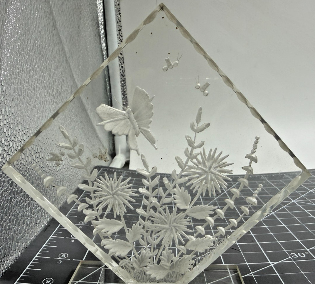 Reverse Carved Lucite Acrylic Butterfly & Flowers Sculpture Signed C. Folkertsma