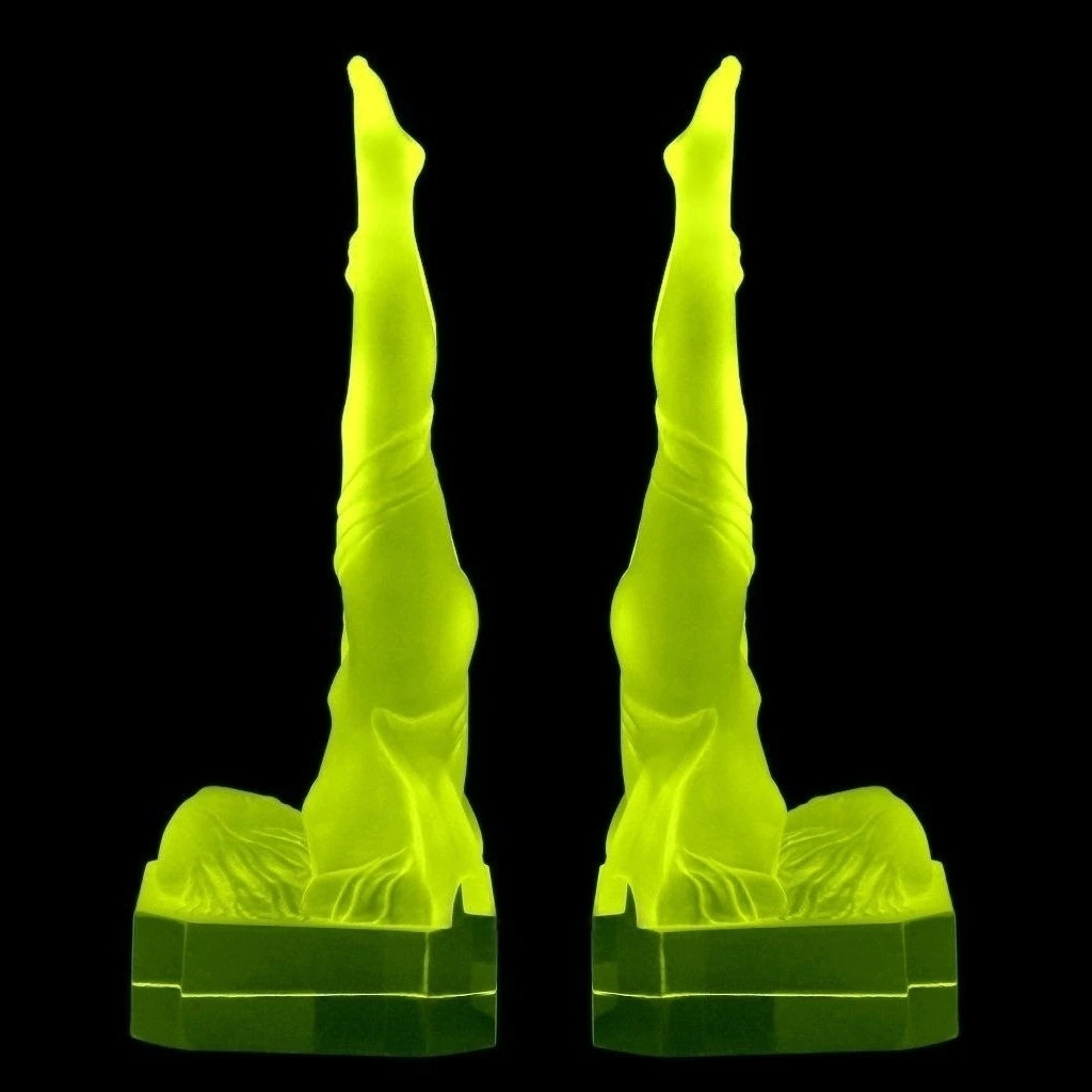 France Art Deco &lsquo; Bookends &lsquo; Vaseline Uranium Glass Sculpture 1930&rsquo; H.Hoffmann