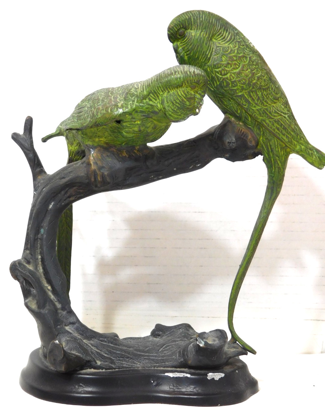Rare Vintage Castilian Brass Green Parrots Sculpture on Metal Base