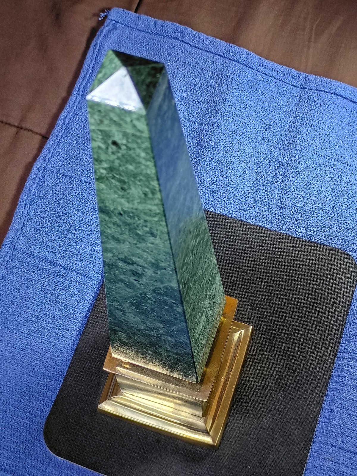 Vintage Green Marble Brass Obelisk Sculpture 15.5”