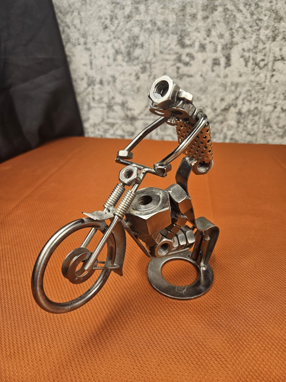 Scrap Metal Welded Art Dirt Bike Motorcycle Wheelie Robot Sculpture Retro Biker