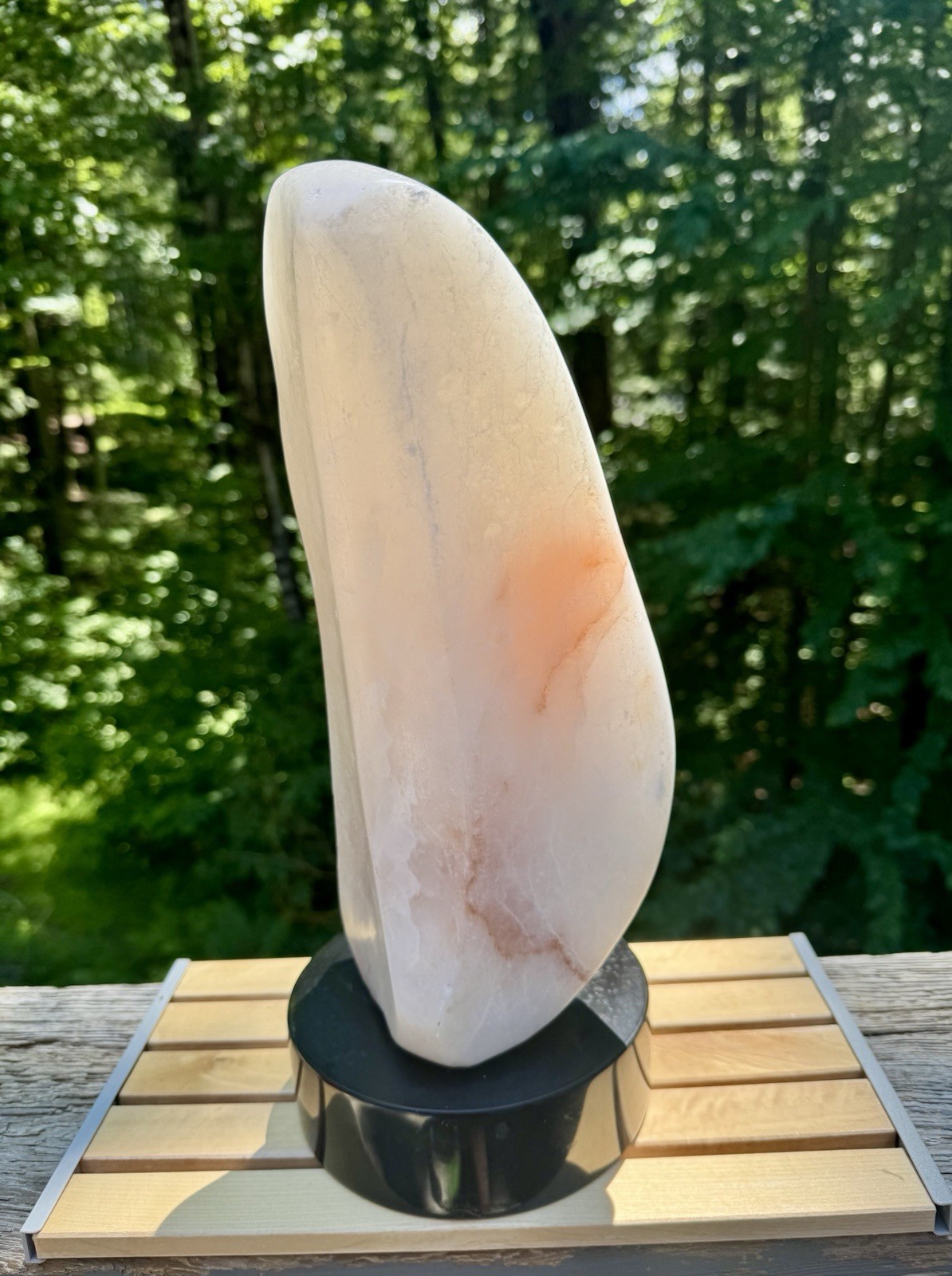 Mid Century Modern Abstract Alabaster Sculpture On Black Marble Base – 14.5”