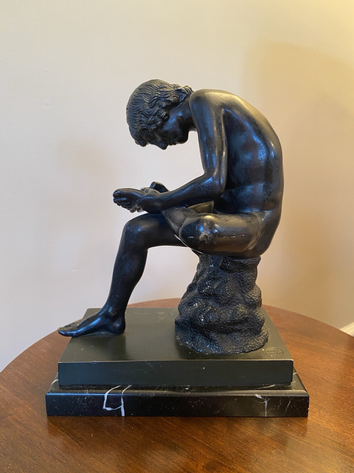 Antique Bronze Statue On Stone ‘Spinario’ Boy with Thorn After Ancient Original
