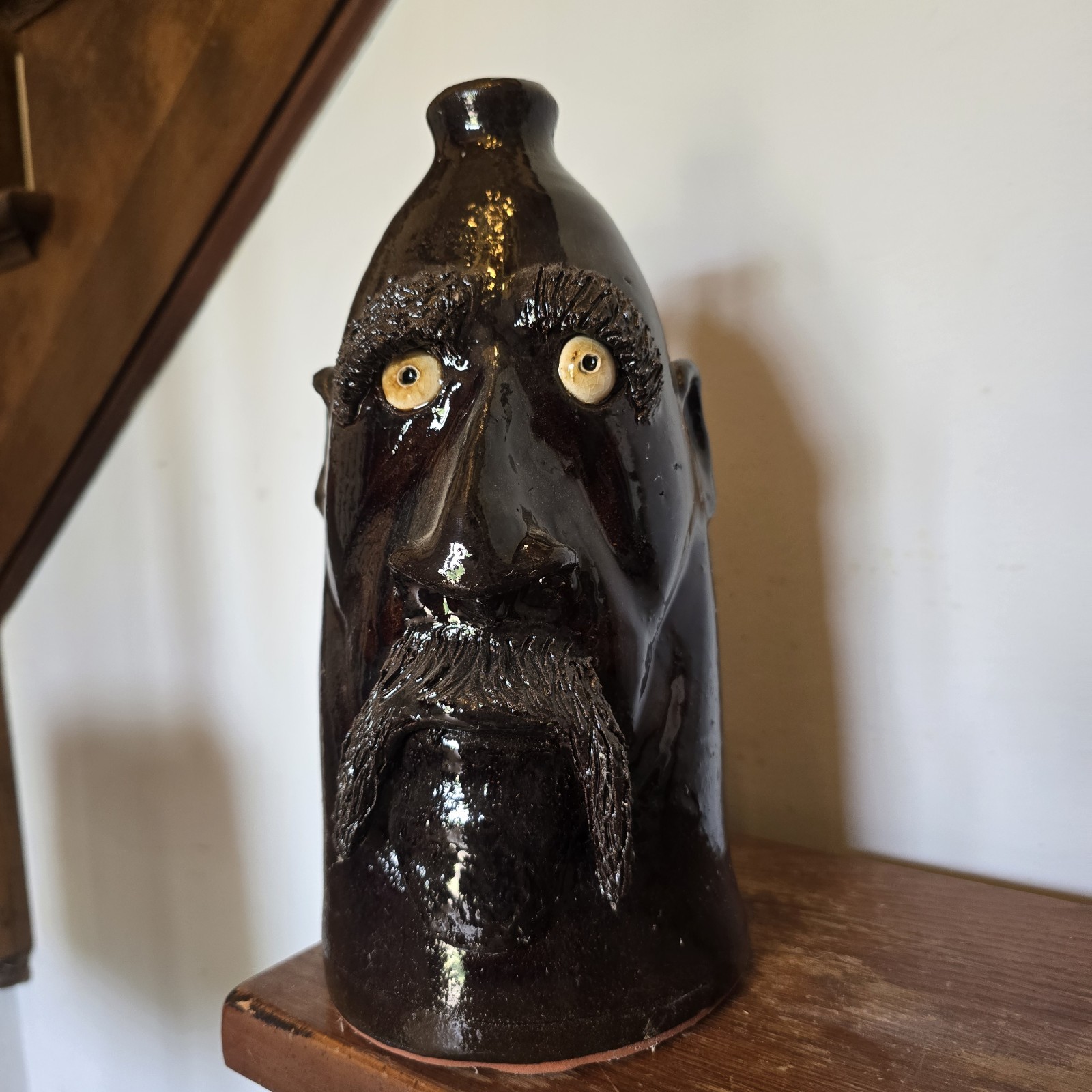 Handmade Pottery Brown Glazed Face Jug by Billy Joe Craven | 11.5&Prime; x 7&Prime;