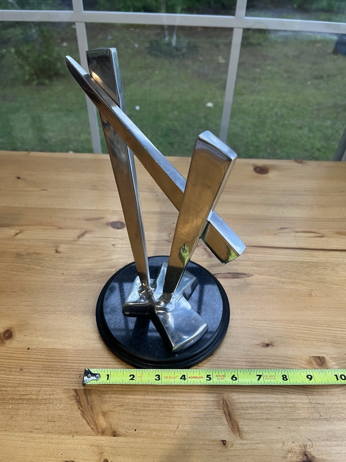 Modernist Abstract Crafted From Polished Stainless Steel Sculpture W/ Black Base