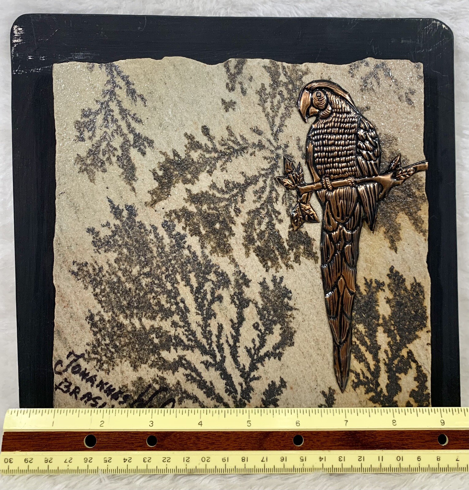 JOHANNES WILHELMUS VAN DARTELEN Copper Parrot Brazil on fossilized stone art Vtg