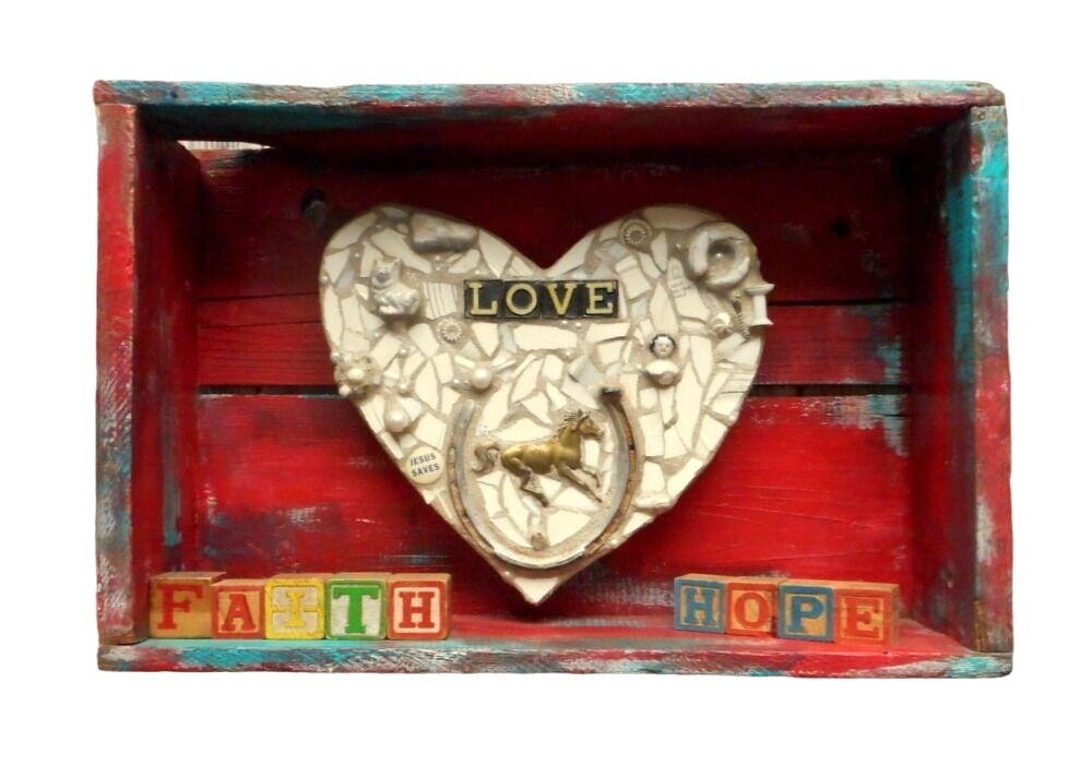 Country Heart Assemblage Wall Art Diorama Red Turquoise Blue Horse Whimsical