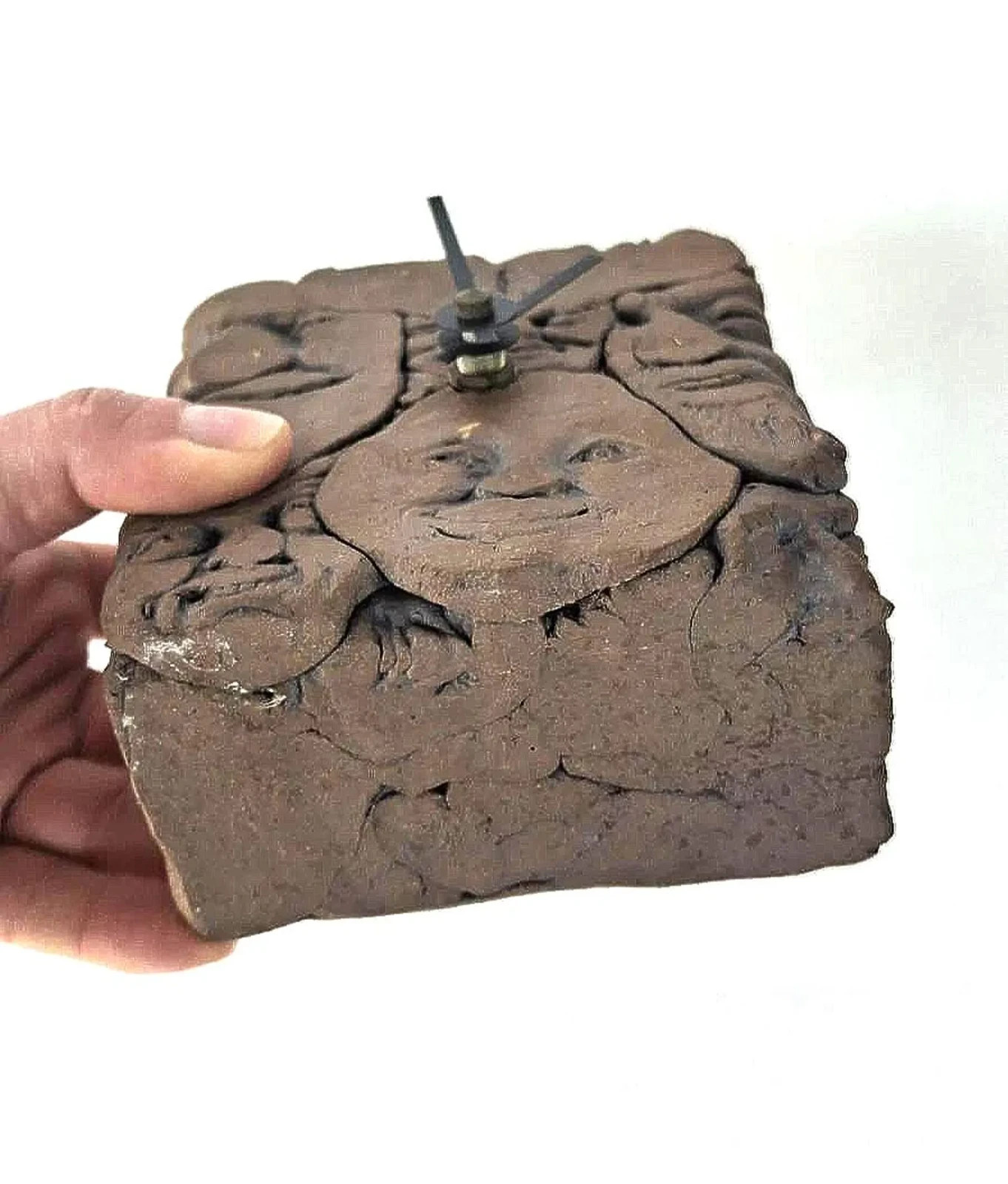 OOAK Clock with Faces Clay RENAISSANCE FESTIVAL Vintage Sculptor