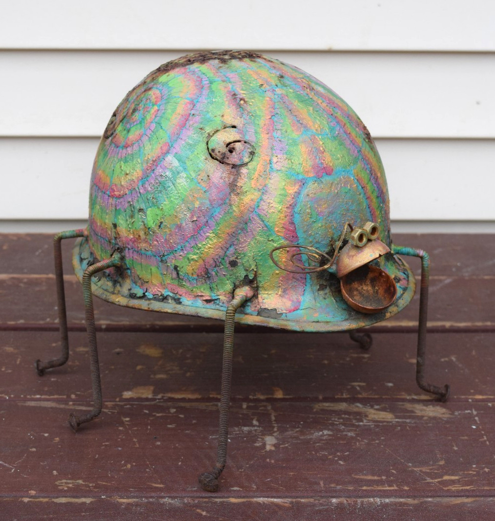 Folk Art Insect Sculpture Made From Vintage Military Helmet Outsider Art