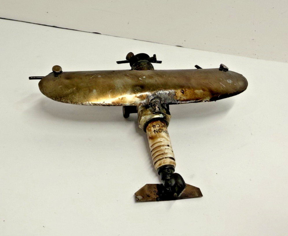 Small Upcycled Scrap Metal Spark Plug Mixed Media Airplane Sculpture